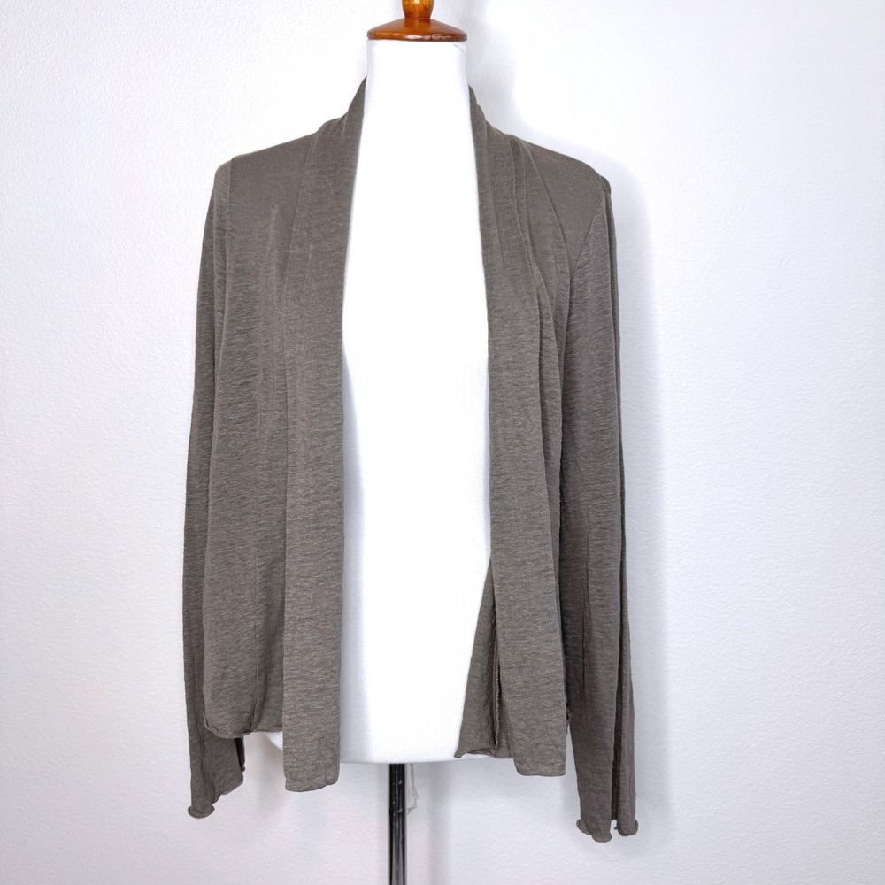 EILEEN FISHER Open Front Linen Jersey Knit Cardigan MED Taupe Brown Quiet Luxury